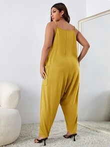 SHEIN Essnce 大碼雙口袋寬鬆吊帶連身褲 - 黃色 - 查看 2