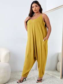 SHEIN Essnce 大碼雙口袋寬鬆吊帶連身褲 - 黃色 - 查看 3