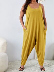 SHEIN Essnce 大碼雙口袋寬鬆吊帶連身褲 - 黃色 - 查看 4