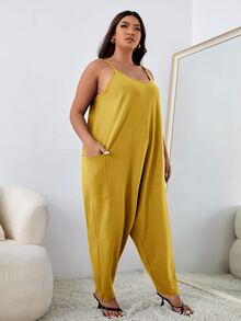 SHEIN Essnce 大碼雙口袋寬鬆吊帶連身褲 - 黃色 - 查看 5
