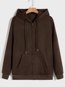 ROMWE MEN Áo nỉ Nam Dây kéo Túi màu trơn Giải trí - Màu nâu Sô-cô-la - Xem 1