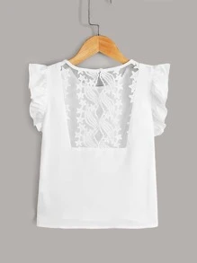 SHEIN Áo cánh Gái Nút Tương phản ren Cắt ra Xù Hình học Ăn mặc đẹp - trắng - Xem 1