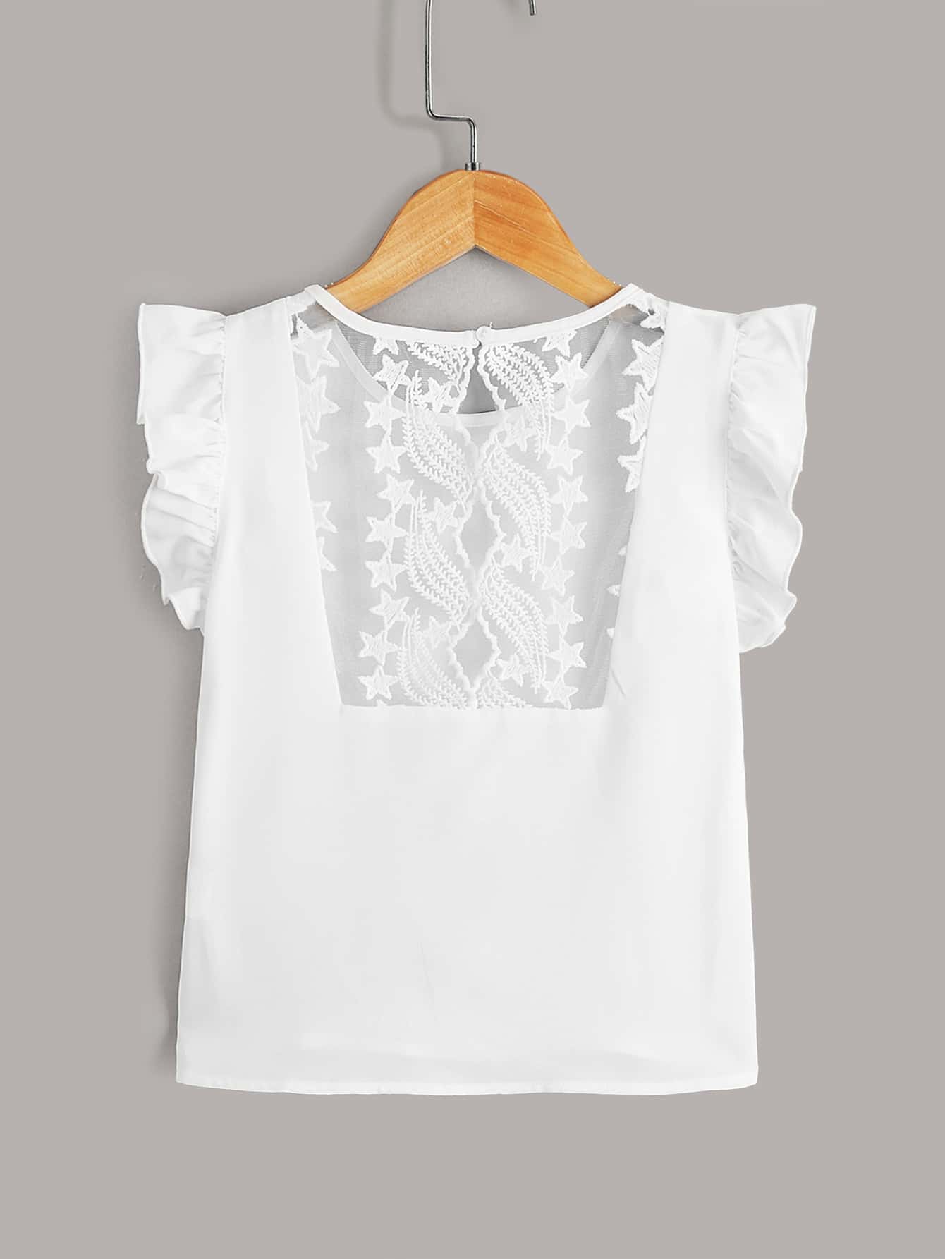 SHEIN Áo cánh Gái Nút Tương phản ren Cắt ra Xù Hình học Ăn mặc đẹp - trắng - Xem 1