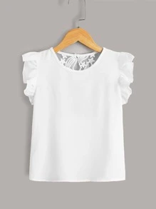 SHEIN Áo cánh Gái Nút Tương phản ren Cắt ra Xù Hình học Ăn mặc đẹp - trắng - Xem 2