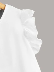 SHEIN Áo cánh Gái Nút Tương phản ren Cắt ra Xù Hình học Ăn mặc đẹp - trắng - Xem 4