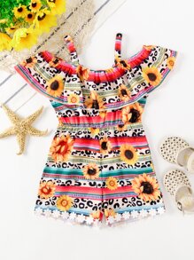 Jumpsuit bé gái Tương phản ren Xù Hoa Sọc Boho - Nhiều màu - Xem 1