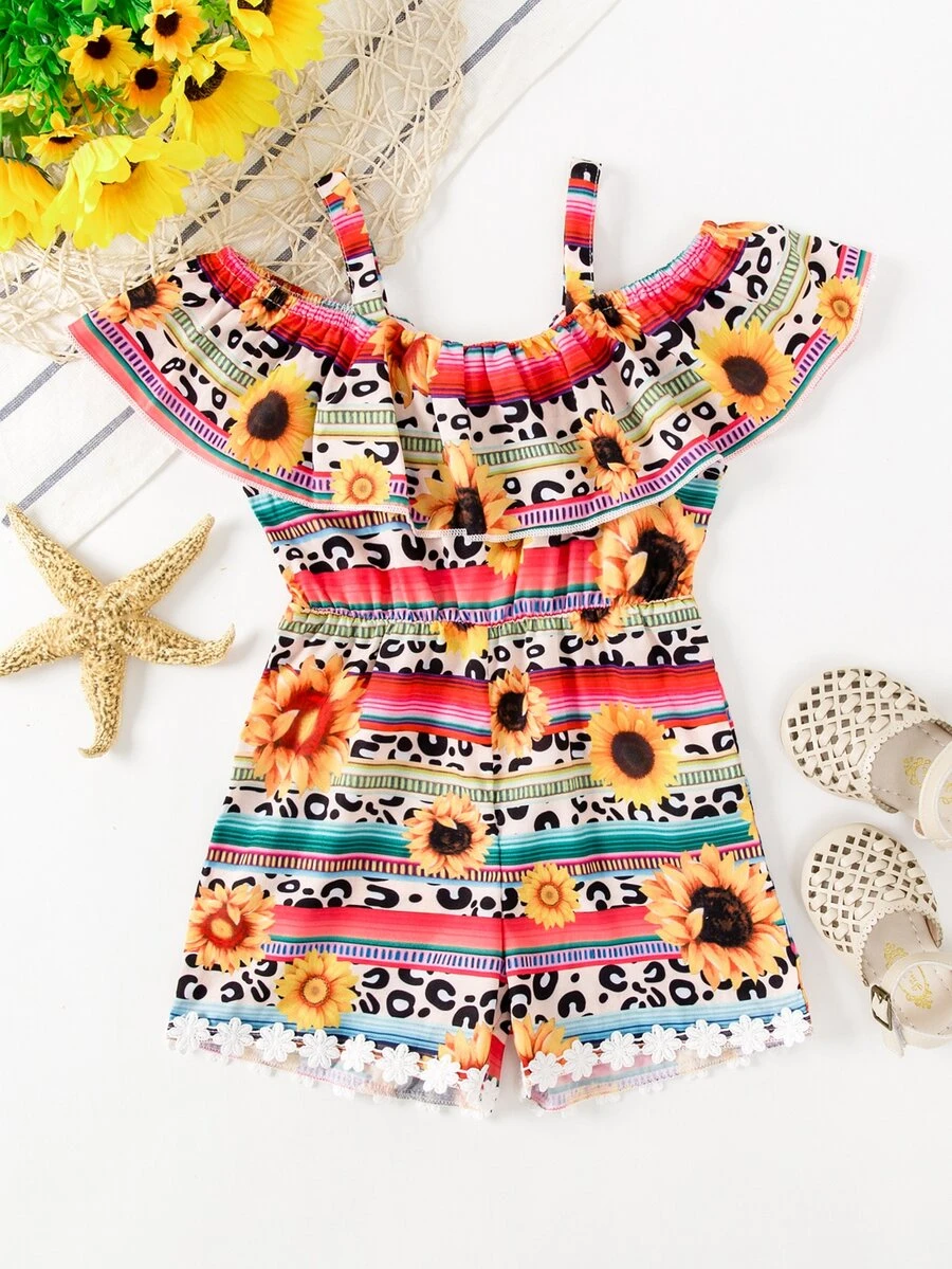 Jumpsuit bé gái Tương phản ren Xù Hoa Sọc Boho - Nhiều màu - Xem 1