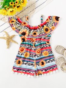 Jumpsuit bé gái Tương phản ren Xù Hoa Sọc Boho - Nhiều màu - Xem 2