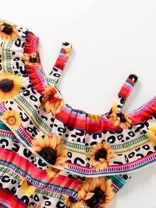 Jumpsuit bé gái Tương phản ren Xù Hoa Sọc Boho - Nhiều màu - Xem 3