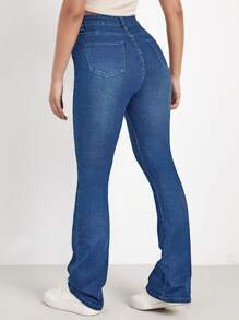 SHEIN EZwear 高腰漂白水洗牛仔喇叭褲 - 中等水洗藍 - 查看 2