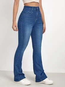 SHEIN EZwear 高腰漂白水洗牛仔喇叭褲 - 中等水洗藍 - 查看 3