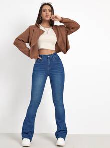 SHEIN EZwear 高腰漂白水洗牛仔喇叭褲 - 中等水洗藍 - 查看 5