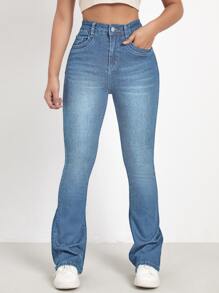 High Waist Bleach Wash Bootcut Jeans - Light Wash - View 1