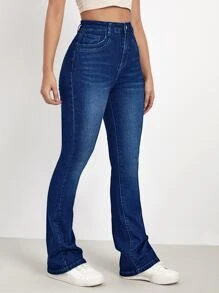 SHEIN Essnce 高腰漂白水洗靴型褲 - 深色水洗藍 - 查看 3