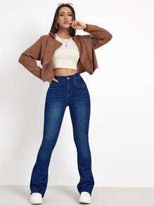 SHEIN Essnce 高腰漂白水洗靴型褲 - 深色水洗藍 - 查看 5