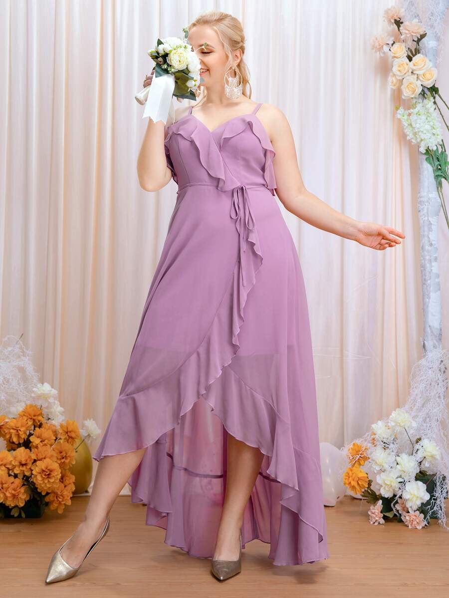SHEIN Belle Plus Ruffle Trim Tie Front Chiffon Bridesmaid Dress - Lilac Purple - View 1