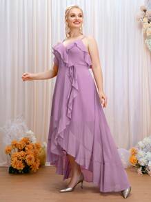 SHEIN Belle Plus Ruffle Trim Tie Front Chiffon Bridesmaid Dress - Lilac Purple - View 3