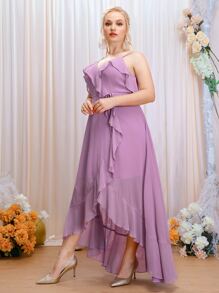 SHEIN Belle Plus Ruffle Trim Tie Front Chiffon Bridesmaid Dress - Lilac Purple - View 4