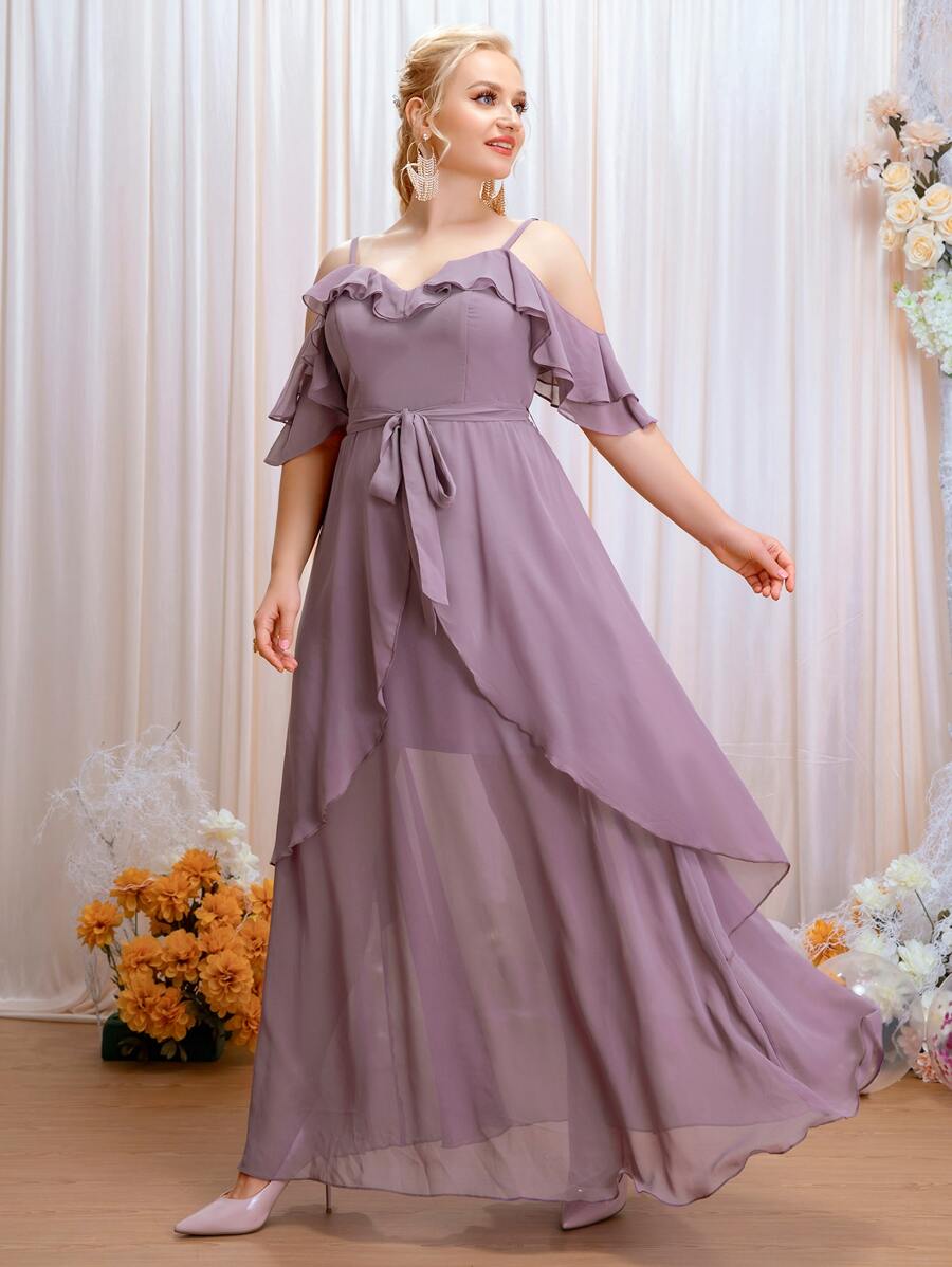 SHEIN Belle Plus Cold Shoulder Ruffle Trim Belted Chiffon Maxi Bridesmaid Dress - Purple - View 1