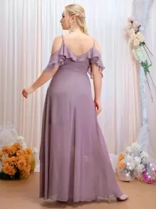SHEIN Belle Plus Cold Shoulder Ruffle Trim Belted Chiffon Maxi Bridesmaid Dress - Purple - View 2