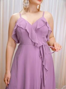 SHEIN Belle Plus Ruffle Trim Tie Front Chiffon Bridesmaid Dress - Lilac Purple - View 5
