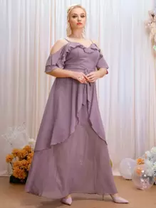 SHEIN Belle Plus Cold Shoulder Ruffle Trim Belted Chiffon Maxi Bridesmaid Dress - Purple - View 3