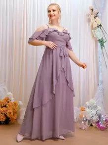 SHEIN Belle Plus Cold Shoulder Ruffle Trim Belted Chiffon Maxi Bridesmaid Dress - Purple - View 4