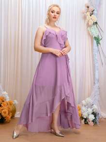 SHEIN Belle Plus Ruffle Trim Tie Front Chiffon Bridesmaid Dress - Lilac Purple - View 6