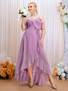 SHEIN Belle Plus Ruffle Trim Tie Front Chiffon Bridesmaid Dress - Lilac Purple - View 7