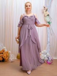 SHEIN Belle Plus Cold Shoulder Ruffle Trim Belted Chiffon Maxi Bridesmaid Dress - Purple - View 5