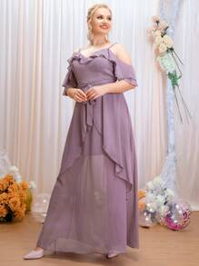 SHEIN Belle Plus Cold Shoulder Ruffle Trim Belted Chiffon Maxi Bridesmaid Dress - Purple - View 6