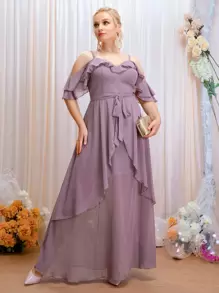 SHEIN Belle Plus Cold Shoulder Ruffle Trim Belted Chiffon Maxi Bridesmaid Dress - Purple - View 7