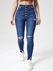 SHEIN Essnce Jeans ajustados de talle alto con botón delantero desgarro bajo crudo - Azul lavado oscuro - Ver 1