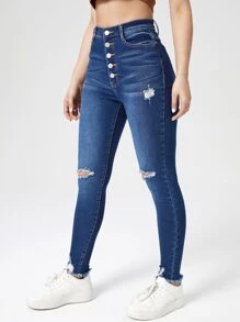 SHEIN Essnce Jeans ajustados de talle alto con botón delantero desgarro bajo crudo - Azul lavado oscuro - Ver 3