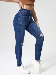 SHEIN Essnce Jeans ajustados de talle alto con botón delantero desgarro bajo crudo - Azul lavado oscuro - Ver 4