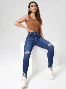 SHEIN Essnce Jeans ajustados de talle alto con botón delantero desgarro bajo crudo - Azul lavado oscuro - Ver 5
