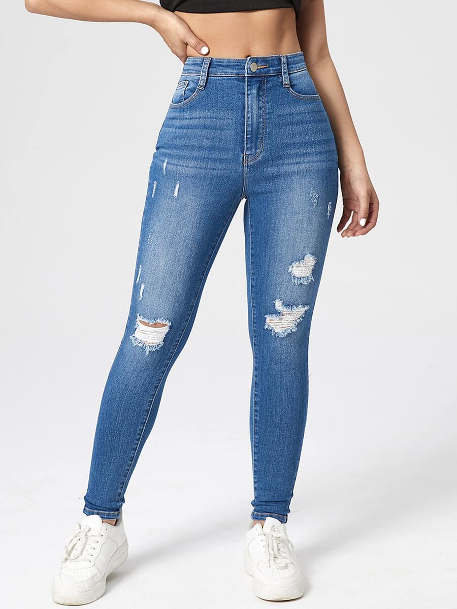 Washed Ripped Skinny Jeans - Medium Wash - View 1