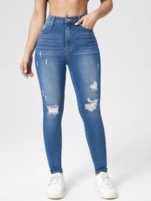 Washed Ripped Skinny Jeans - Medium Wash - View 3
