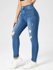 Washed Ripped Skinny Jeans - Medium Wash - View 4