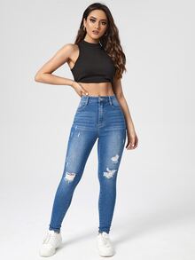Washed Ripped Skinny Jeans - Medium Wash - View 5