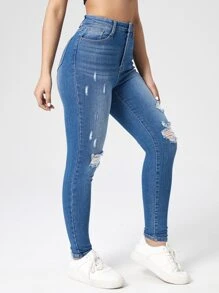 Washed Ripped Skinny Jeans - Medium Wash - View 6