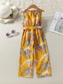小女童熱帶圖案腰帶連身褲 - 黃色 - 查看 2