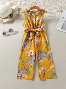 小女童熱帶圖案腰帶連身褲 - 黃色 - 查看 1