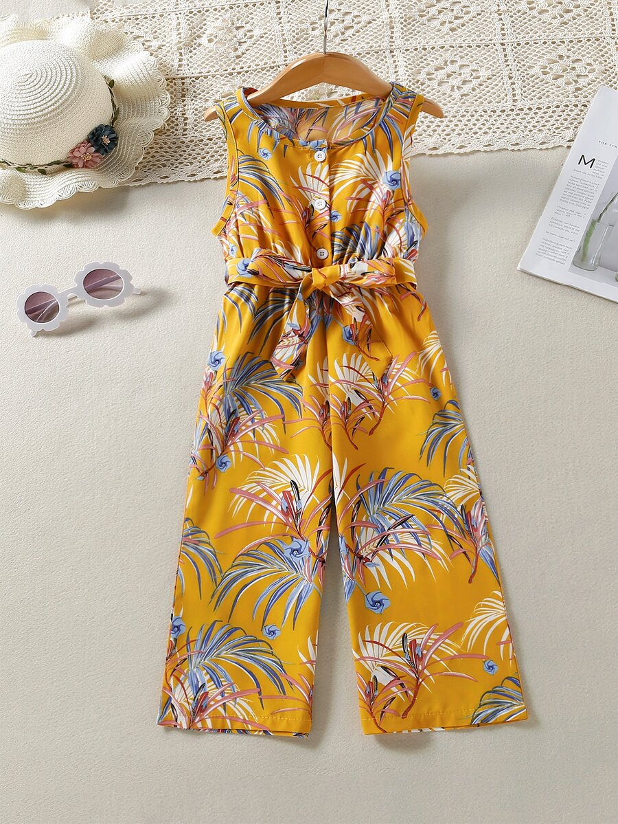 小女童熱帶圖案腰帶連身褲 - 黃色 - 查看 1