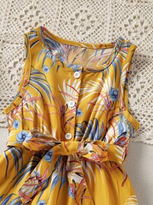 小女童熱帶圖案腰帶連身褲 - 黃色 - 查看 3