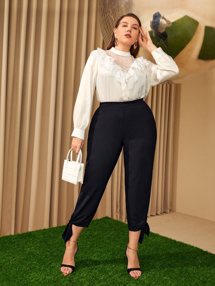 Modelyn 大碼下擺打結高腰短款長褲 - 黑色 - 查看 2