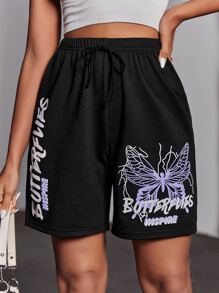 SHEIN Unity Quần đùi nữ Thắt nút Lá thư Loại bướm Giải trí - màu đen - Xem 1