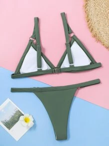 纯色三角丁字裤比基尼，适合夏日海滩度假 - 軍綠色 - 查看 2