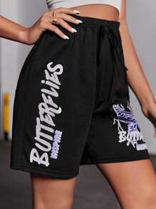 SHEIN Unity Quần đùi nữ Thắt nút Lá thư Loại bướm Giải trí - màu đen - Xem 5