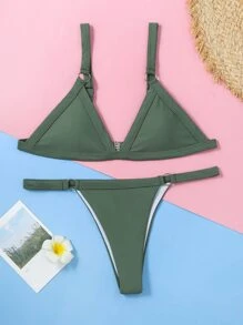 纯色三角丁字裤比基尼，适合夏日海滩度假 - 軍綠色 - 查看 3
